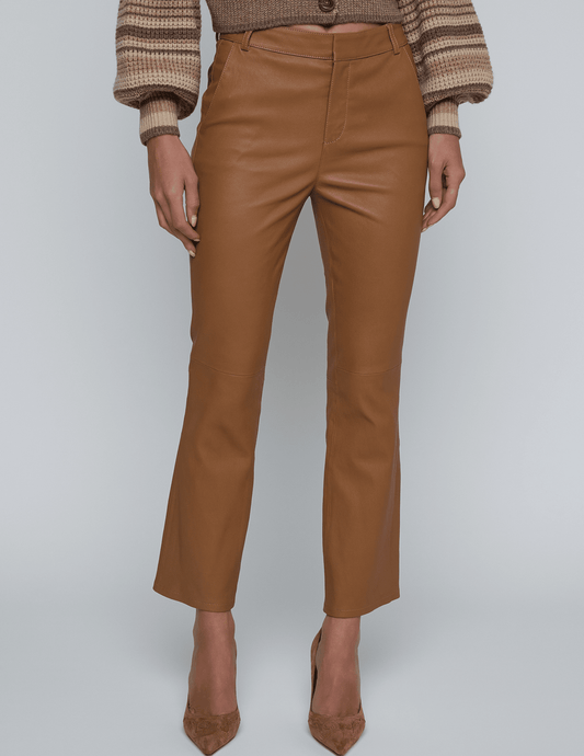 Front view of Ketra Leather Bootcut Trouser in Cognac with cropped hem.