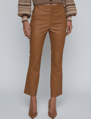 Front view of Ketra Leather Bootcut Trouser in Cognac with cropped hem.
