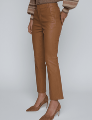 Side view of Ketra Leather Bootcut Trouser in Cognac with cropped hem.