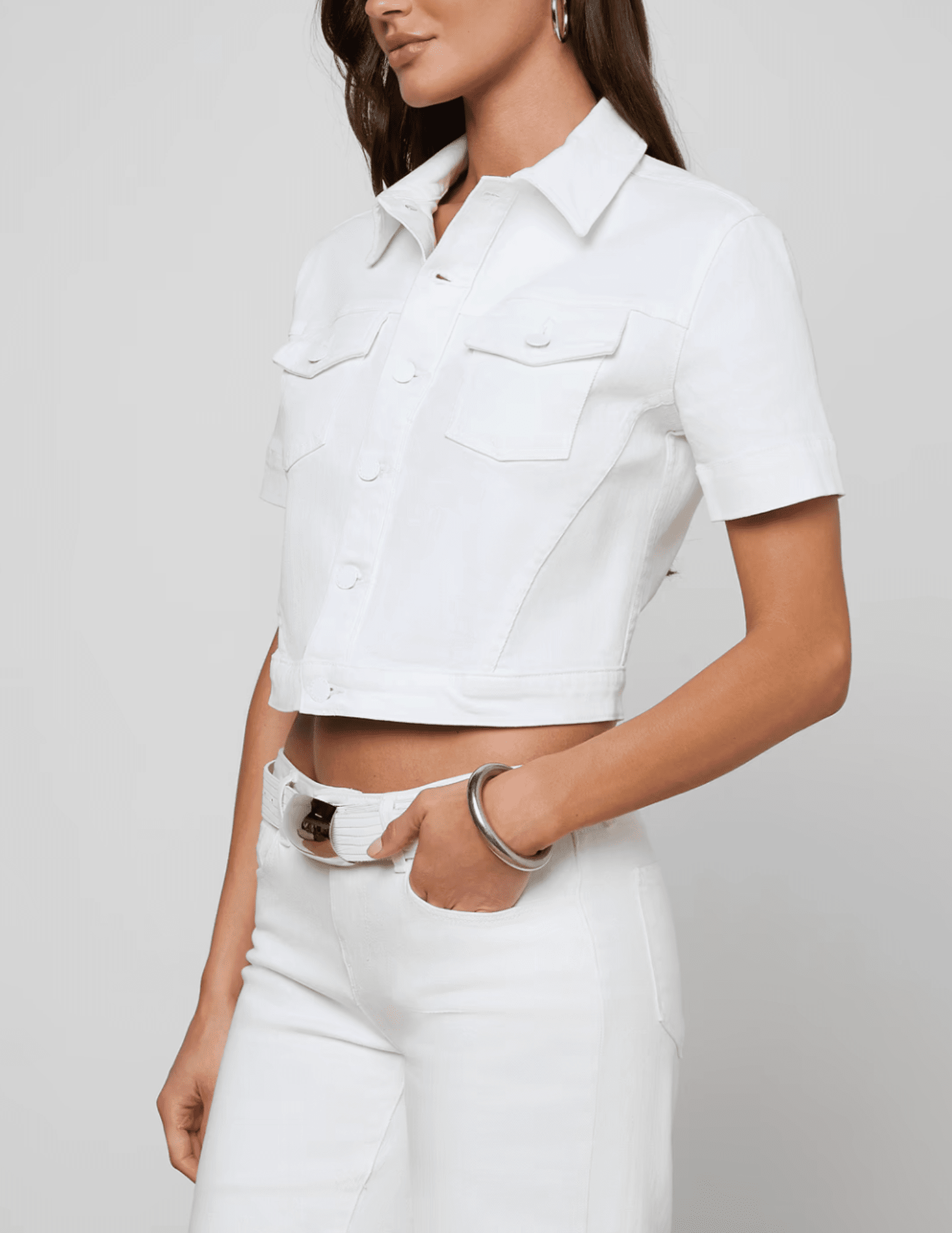 L’Agence Kirstie cropped denim shirt jacket blanc white side view