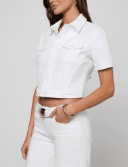 L’Agence Kirstie cropped denim shirt jacket blanc white side view