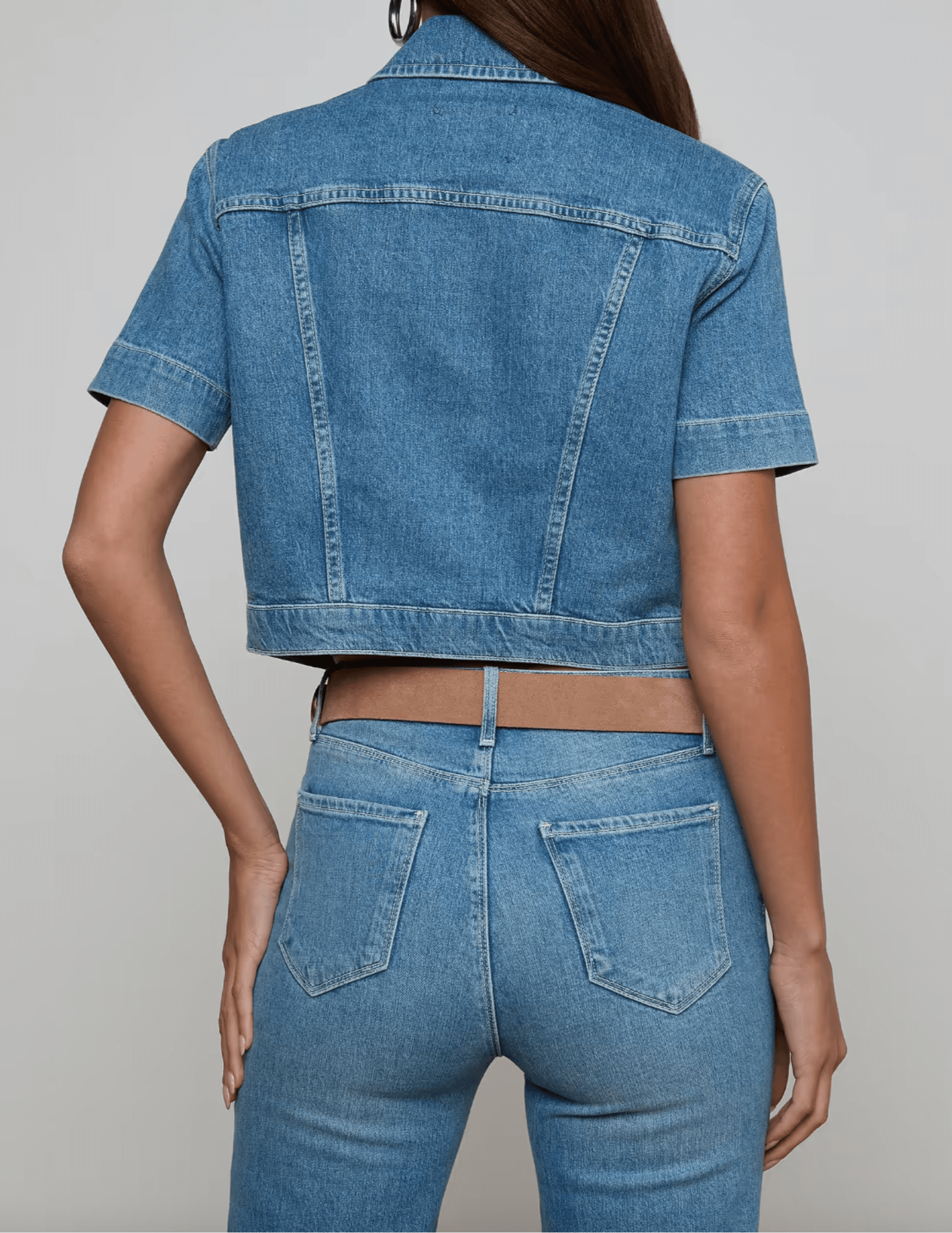 Back view of L'AGENCE Kirstie cropped denim shirt jacket in Calabasas wash