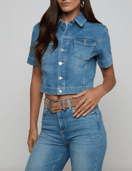 Side view of L'AGENCE Kirstie cropped denim shirt jacket in Calabasas wash