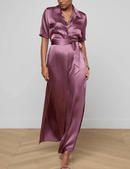 Model wearing L’AGENCE dusty orchid maxi silk shirt dress