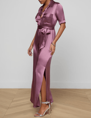 Side view of L’AGENCE Klement silk shirt dress