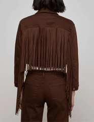 Back view of L’AGENCE Koda cropped denim jacket in brown with fringe and gold rivet buttons