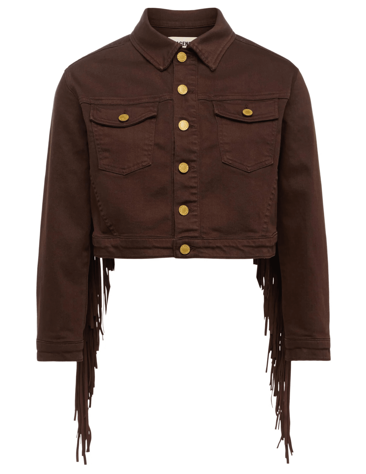 L’AGENCE Koda cropped denim jacket in brown with fringe and gold rivet buttons