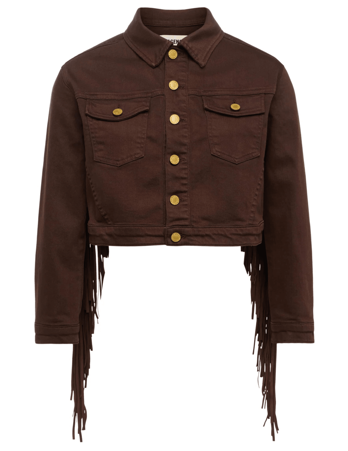 L’AGENCE Koda cropped denim jacket in brown with fringe and gold rivet buttons