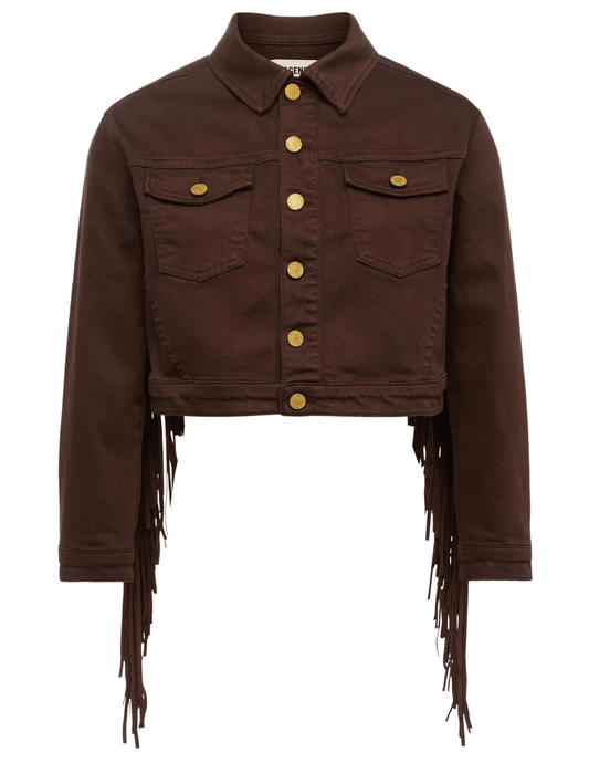 L’AGENCE Koda cropped denim jacket in brown with fringe and gold rivet buttons