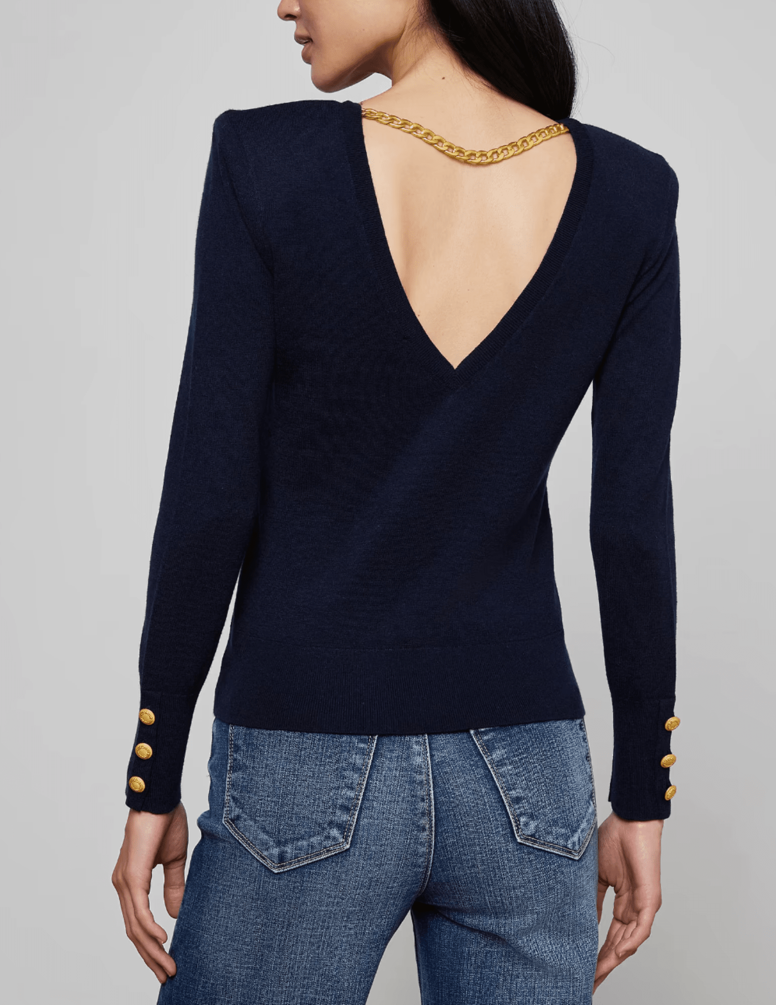 Back view of L’AGENCE Kolie Top with gold chain V-back detail