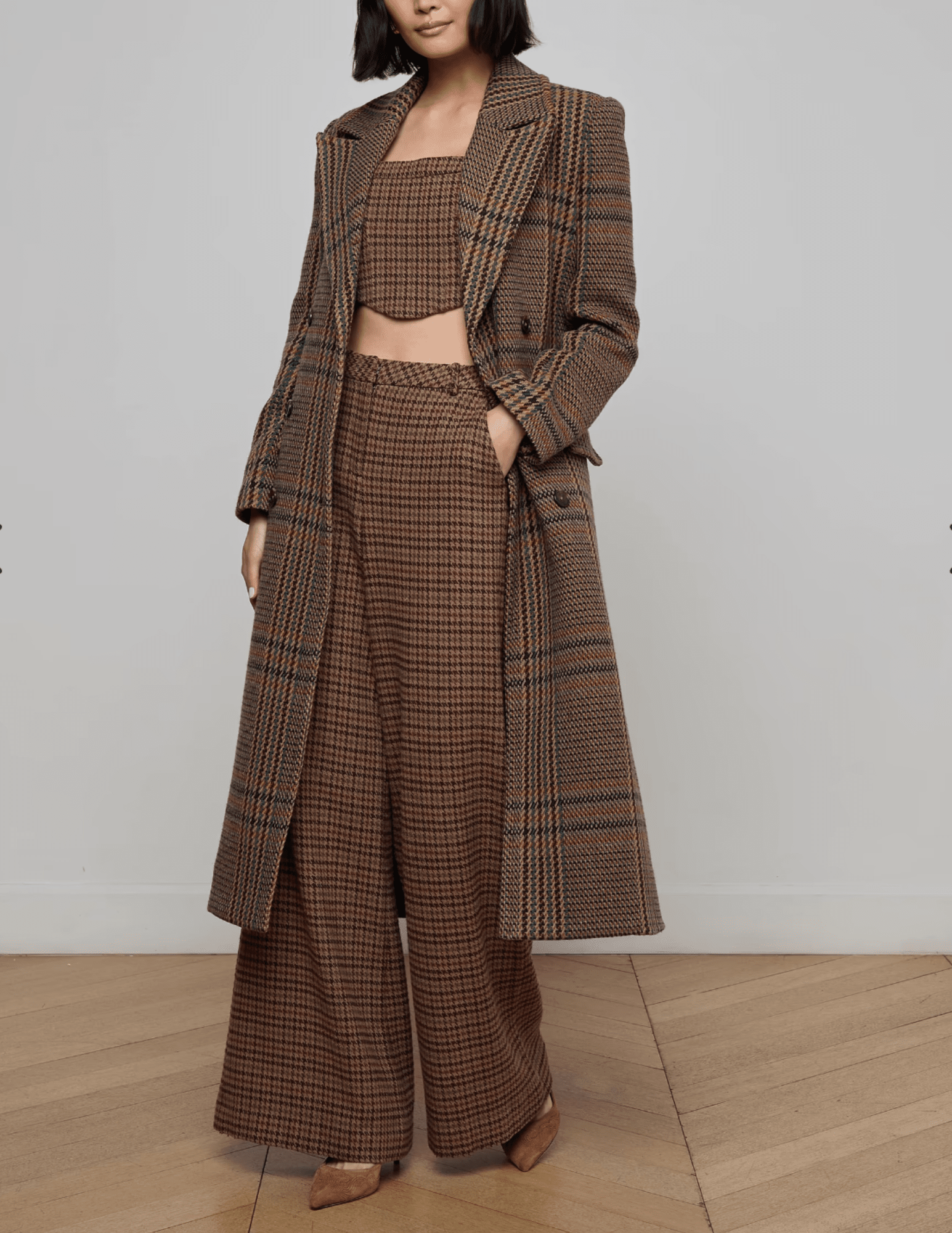 L’AGENCE Kolina Long Coat in brown houndstooth plaid