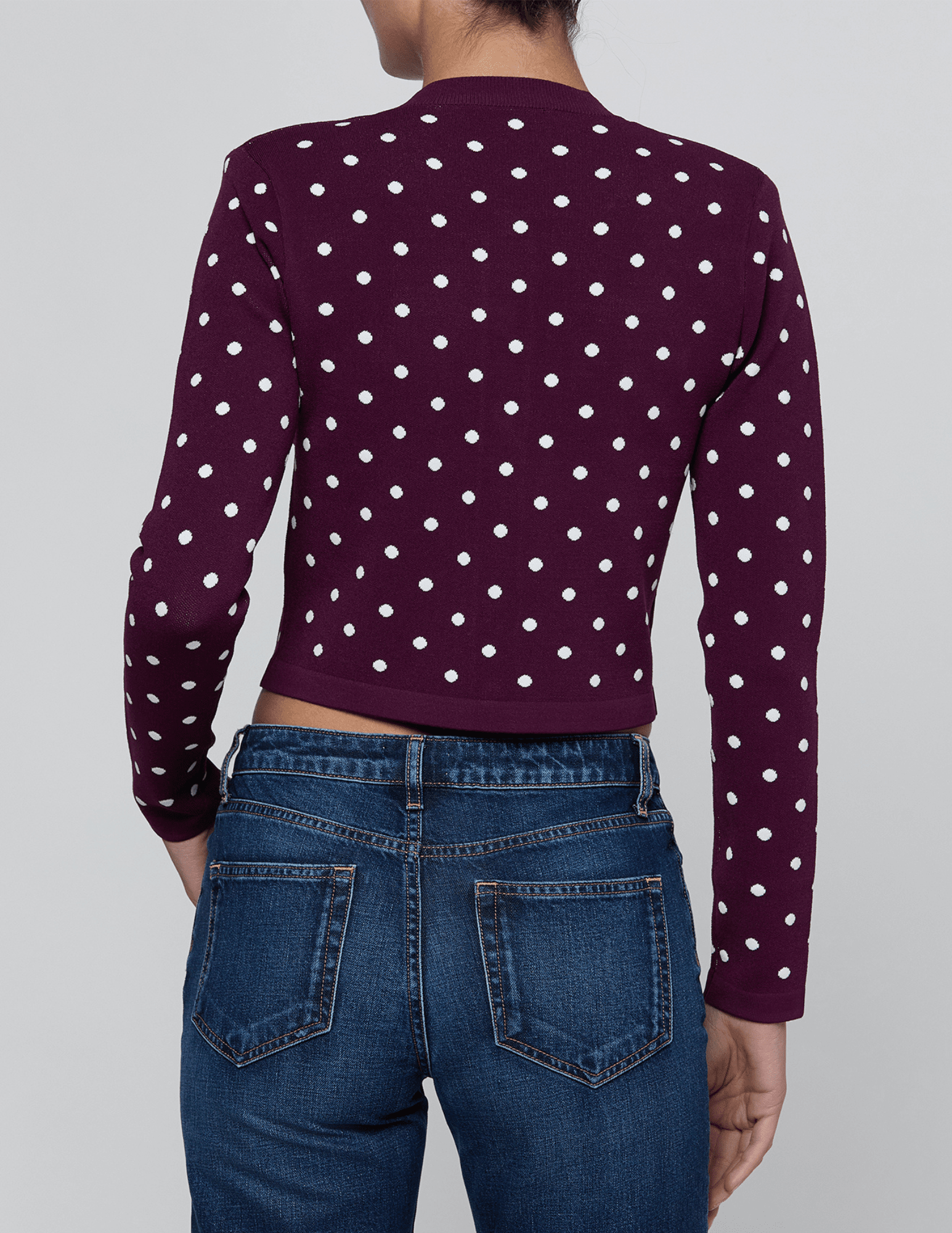 Back view of L'AGENCE Kota dark plum polka dot knit cardigan.