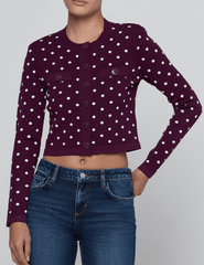 Front view of L'AGENCE Kota dark plum and ivory polka dot cardigan.