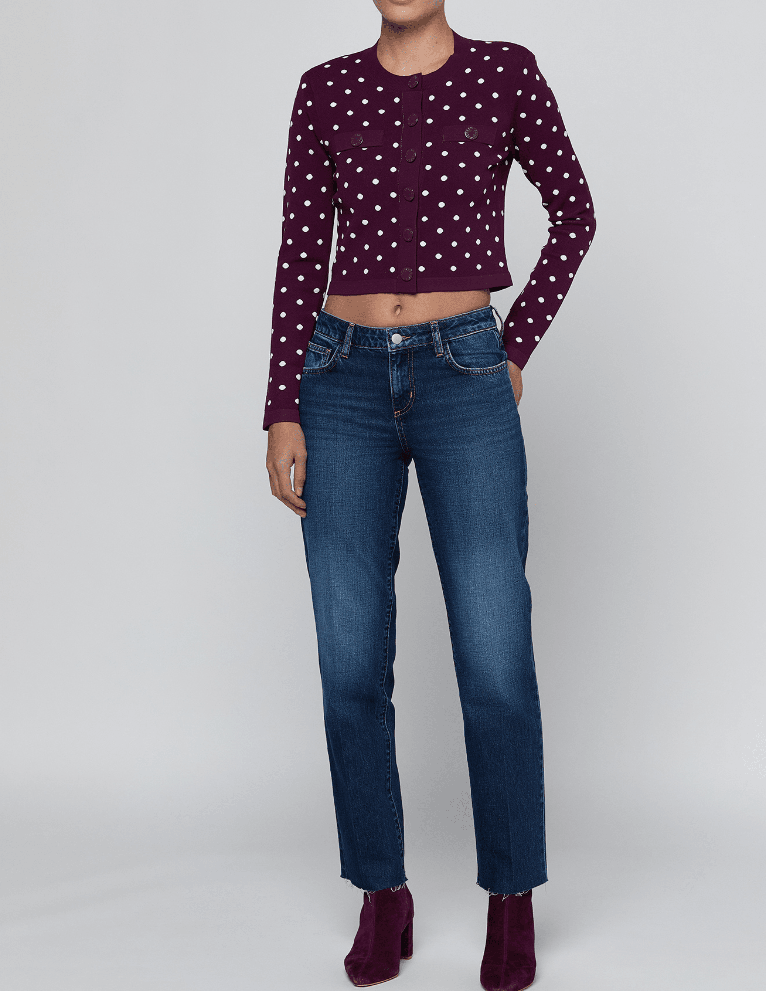 L'AGENCE Kota Jacquard Knit Cardigan styled with denim.