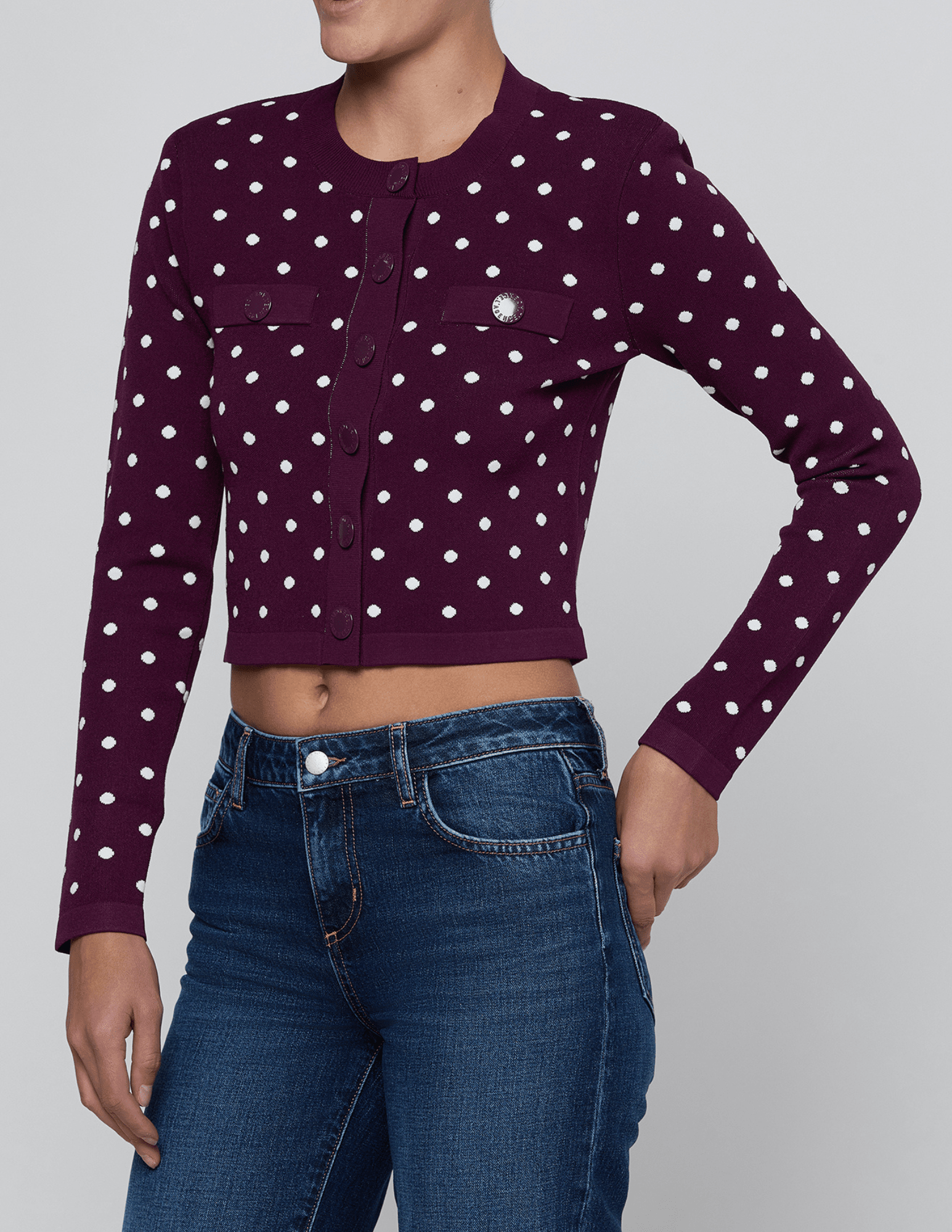 Side view of L'AGENCE Kota Jacquard Knit Cardigan in Dark Plum Ivory Polka Dot.