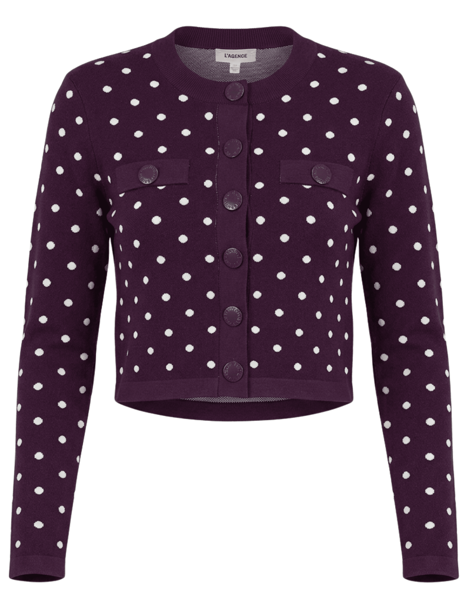 L'AGENCE Kota Jacquard Knit Cardigan in Dark Plum Ivory Polka Dot.