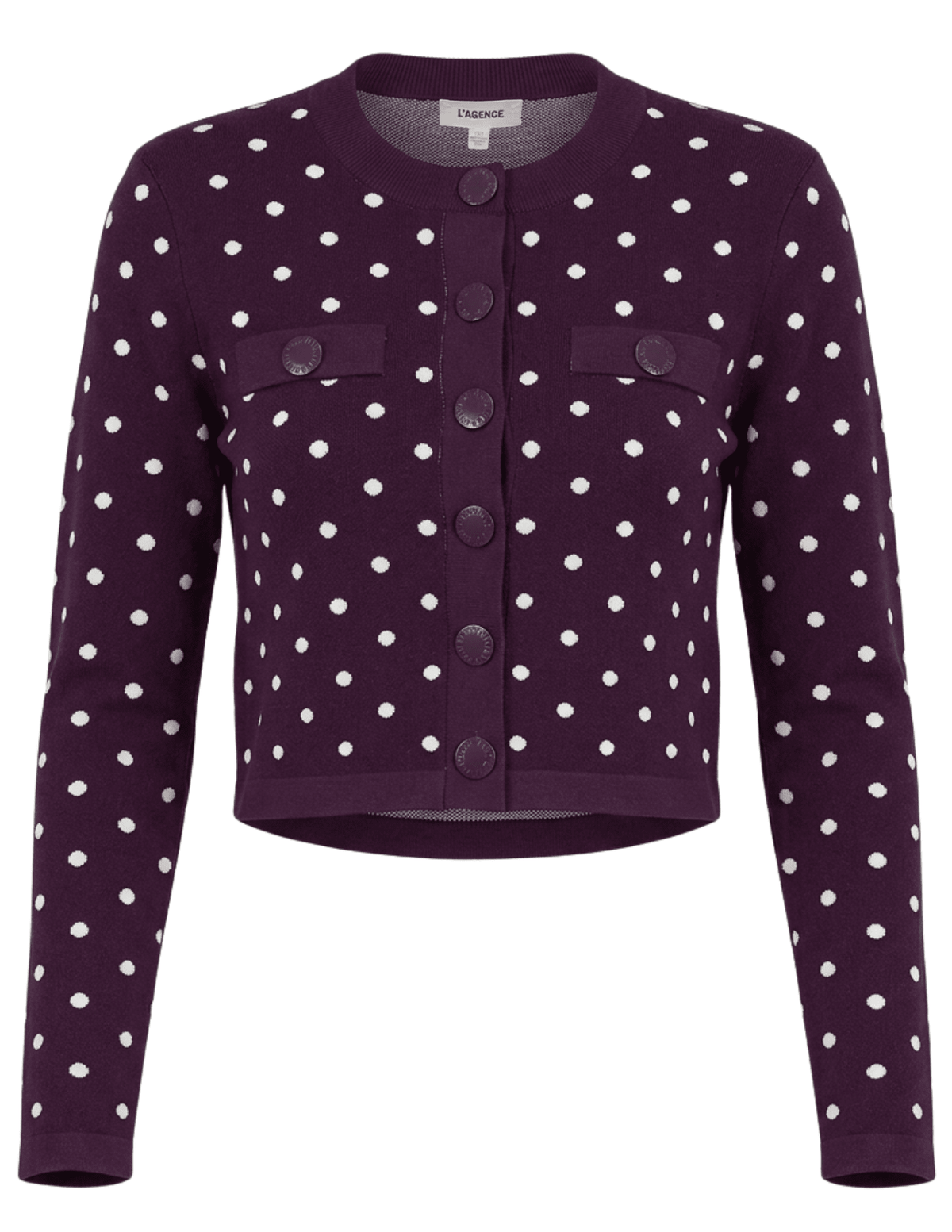 L'AGENCE Kota Jacquard Knit Cardigan in Dark Plum Ivory Polka Dot.