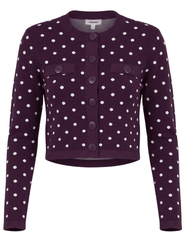 L'AGENCE Kota Jacquard Knit Cardigan in Dark Plum Ivory Polka Dot.