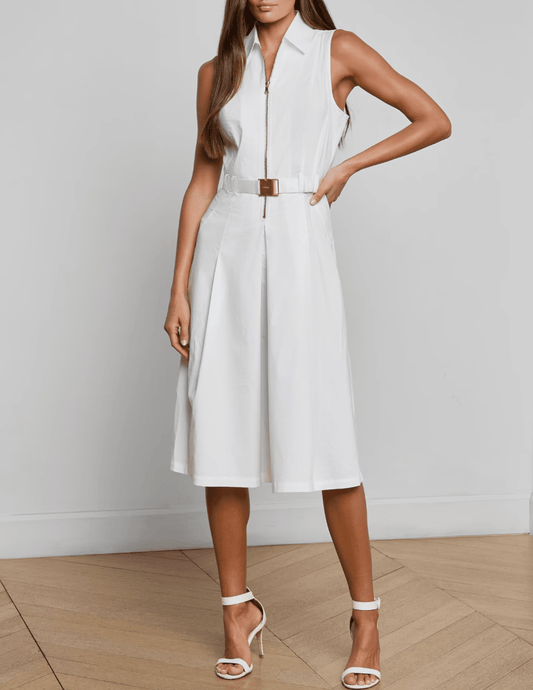 White poplin A-line midi dress with zipper front and belt