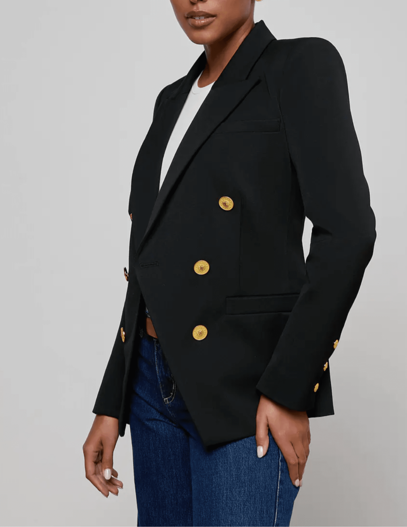 Side view of L'AGENCE Kyomi Double Breasted Blazer in Black