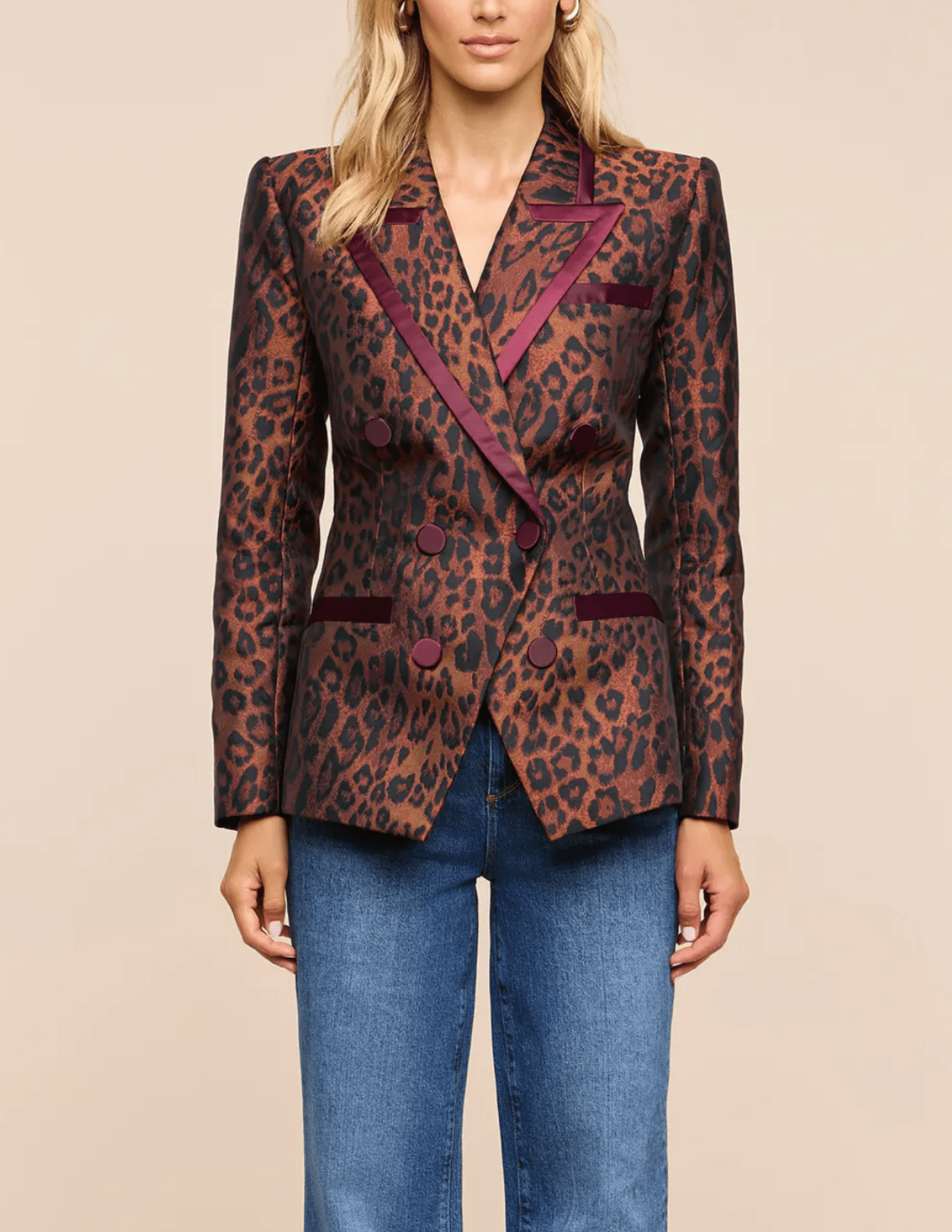 Front view of L'AGENCE Kyomi Leopard Double Breasted Blazer