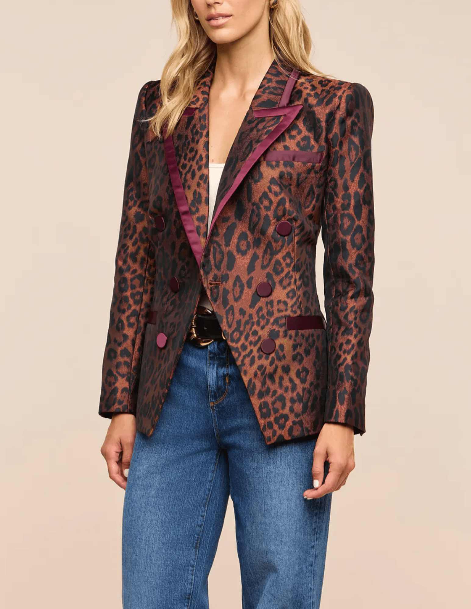 Side view of L'AGENCE Kyomi Leopard Double Breasted Blazer