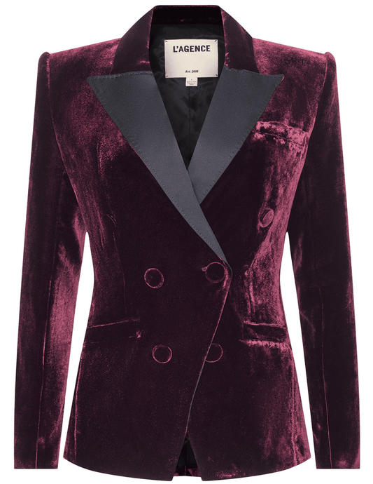 L'AGENCE Kyomi Deep Port Velvet Blazer with satin-covered buttons and a tailored waist.