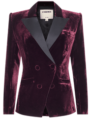 L'AGENCE Kyomi Deep Port Velvet Blazer with satin-covered buttons and a tailored waist.