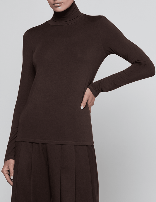 Front view of L'AGENCE Lani Turtleneck Top in Dark Java