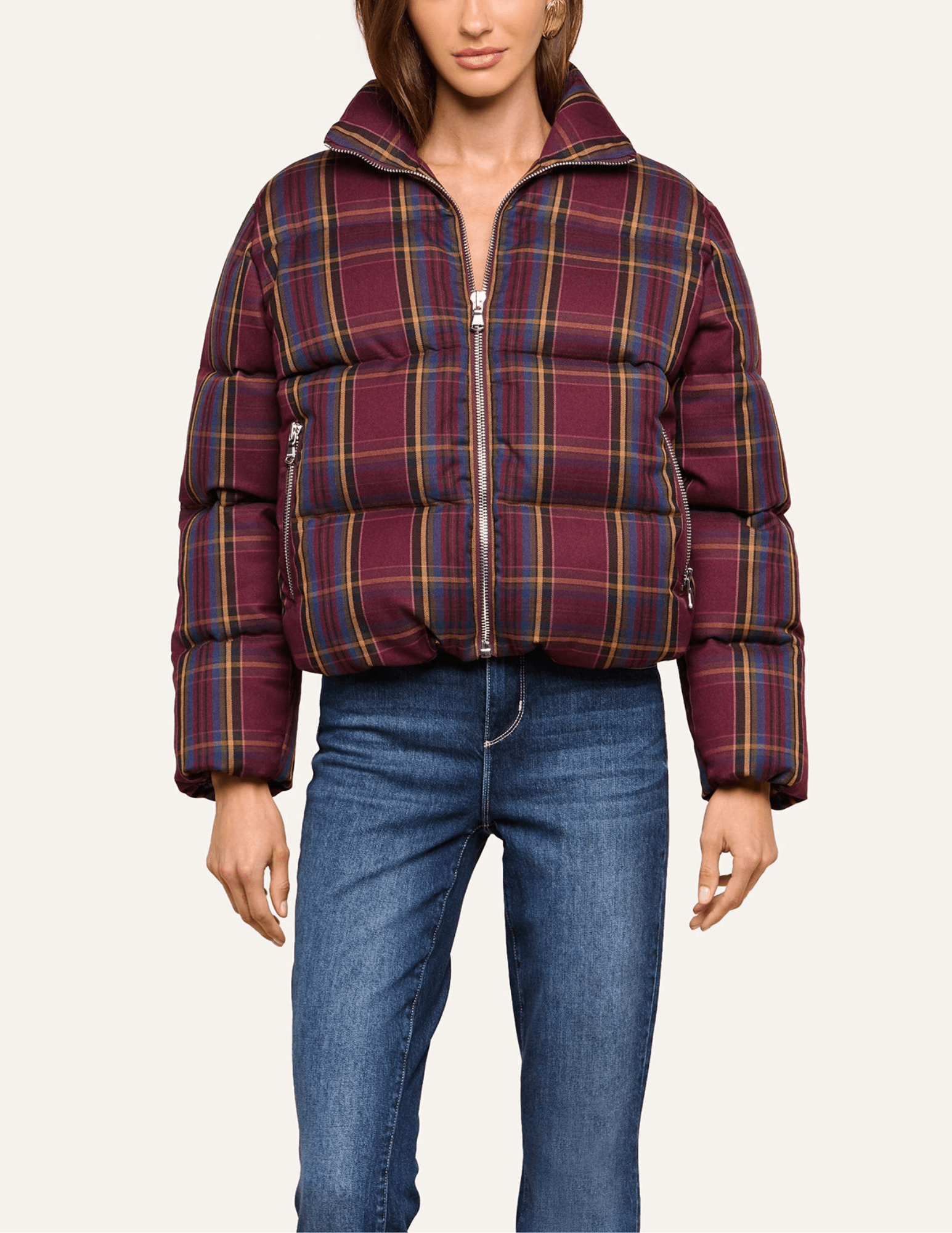 Front view of L'AGENCE Larsa Burgundy Plaid Oversized Puffer Jacket