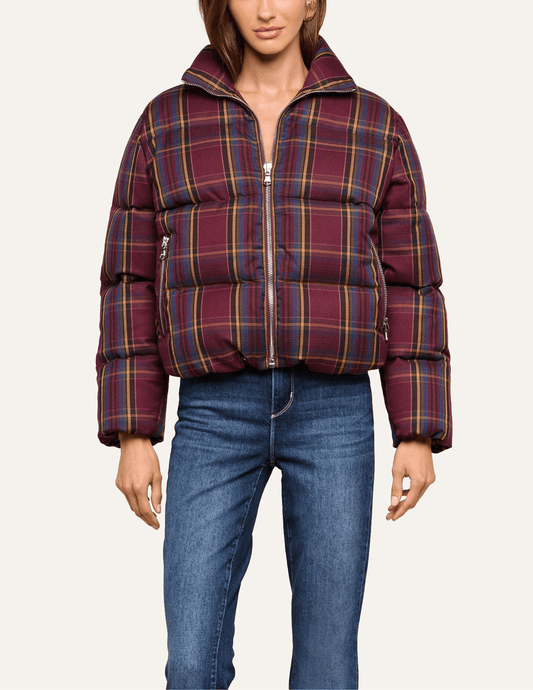 Front view of L'AGENCE Larsa Burgundy Plaid Oversized Puffer Jacket