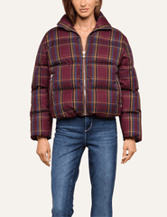 Front view of L'AGENCE Larsa Burgundy Plaid Oversized Puffer Jacket