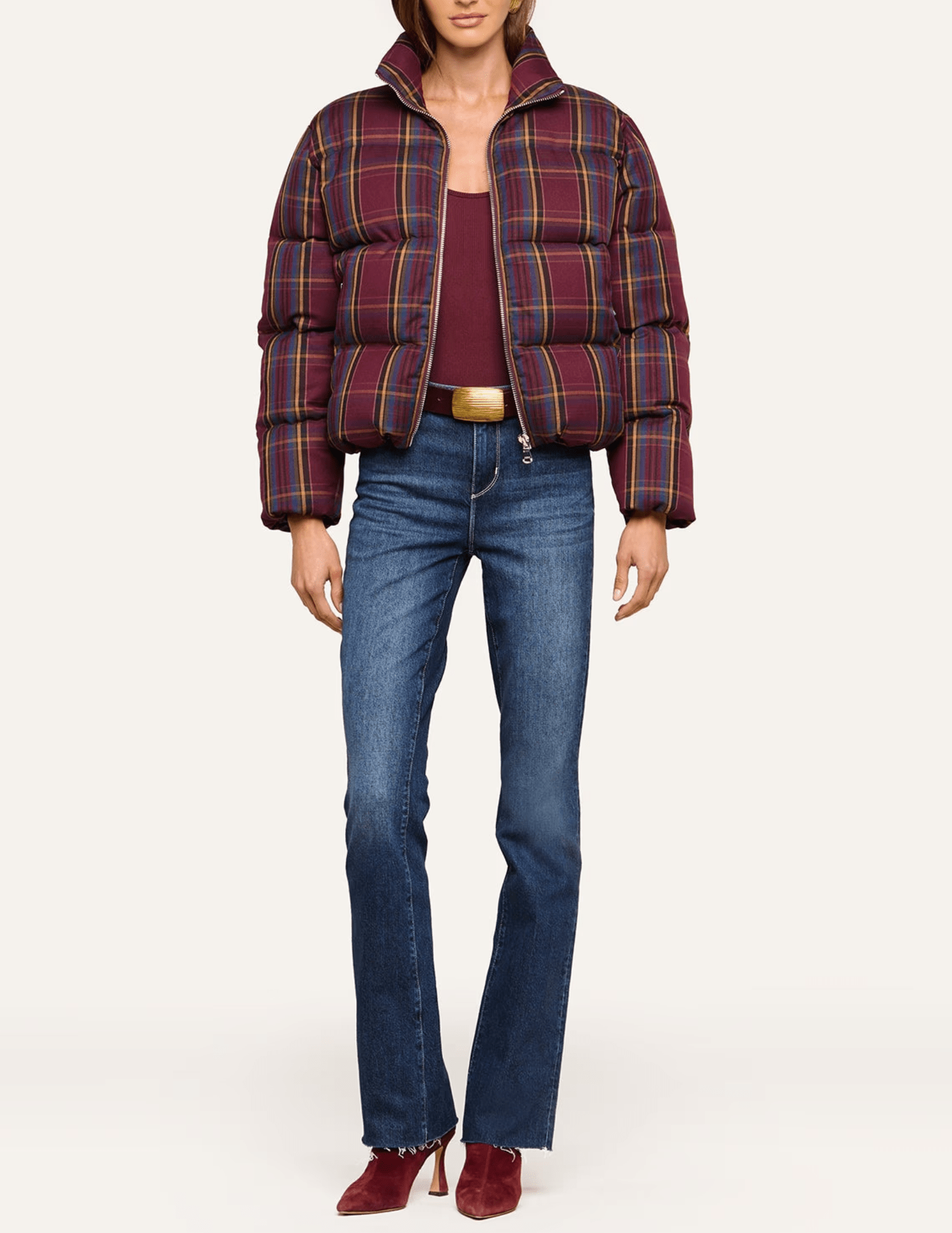 L'AGENCE Larsa Burgundy Plaid Oversized Puffer Jacket with jeans 