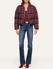 L'AGENCE Larsa Burgundy Plaid Oversized Puffer Jacket with jeans 