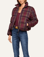 Open front view of L'AGENCE Larsa Burgundy Plaid Oversized Puffer Jacket