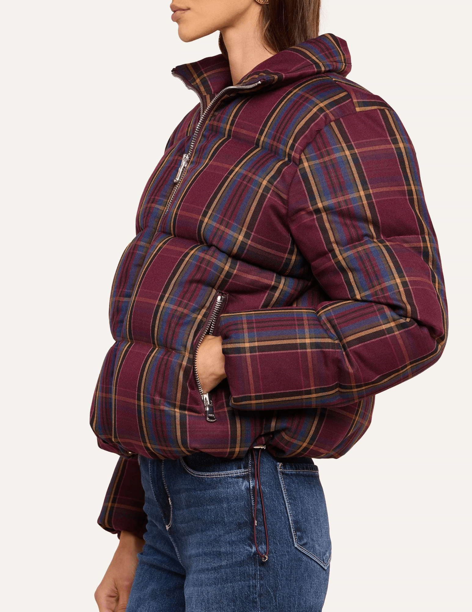 Side view of L'AGENCE Larsa Burgundy Plaid Oversized Puffer Jacket