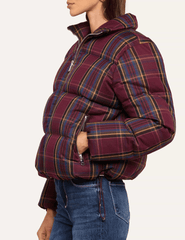 Side view of L'AGENCE Larsa Burgundy Plaid Oversized Puffer Jacket