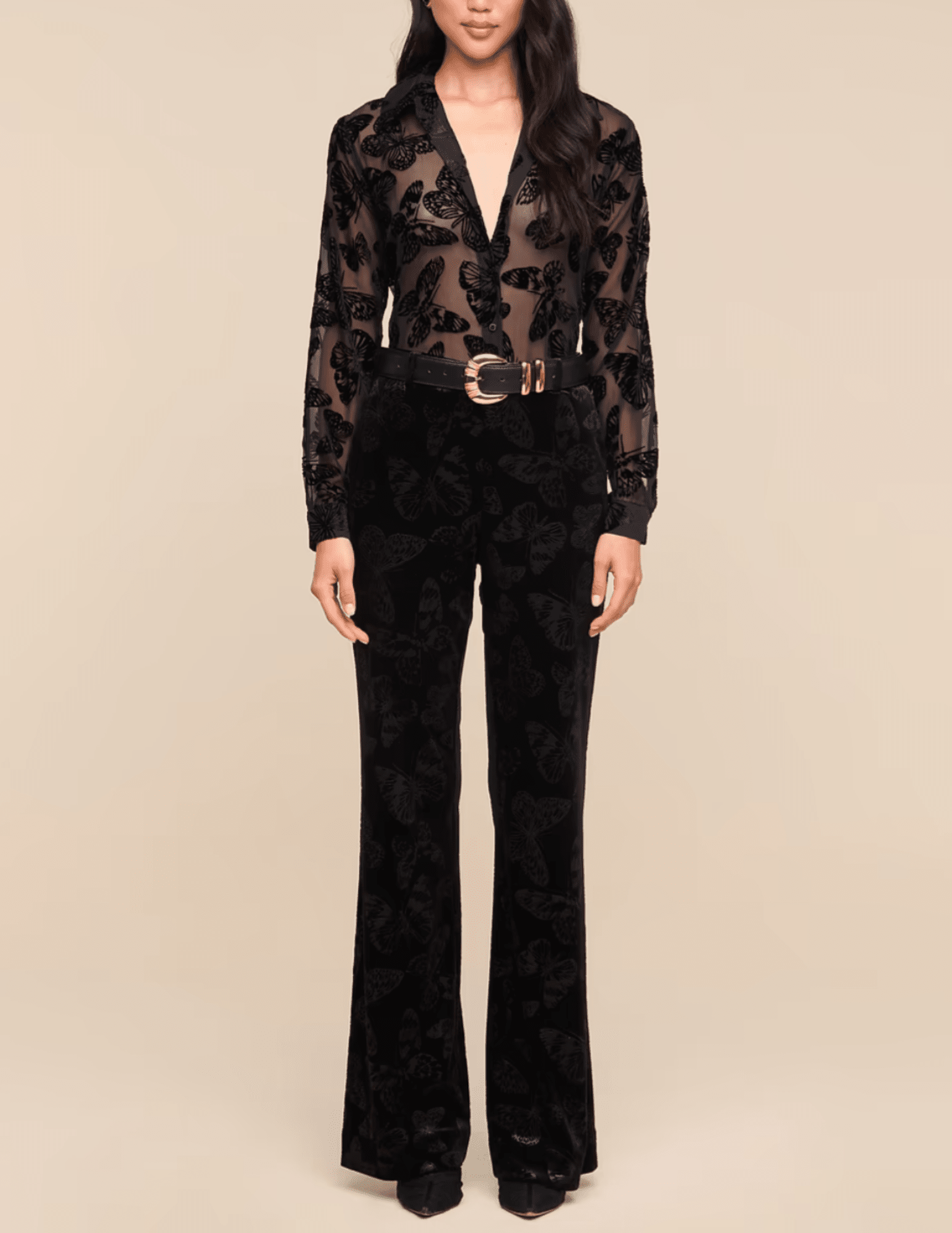 Full body view of L’AGENCE Laurent Butterfly Burnout Blouse