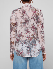 Back view of butterfly jungle print long sleeve blouse