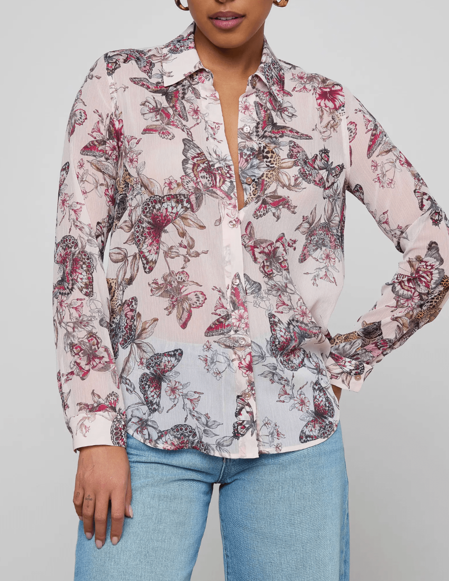 Front view of sheer butterfly print chiffon blouse
