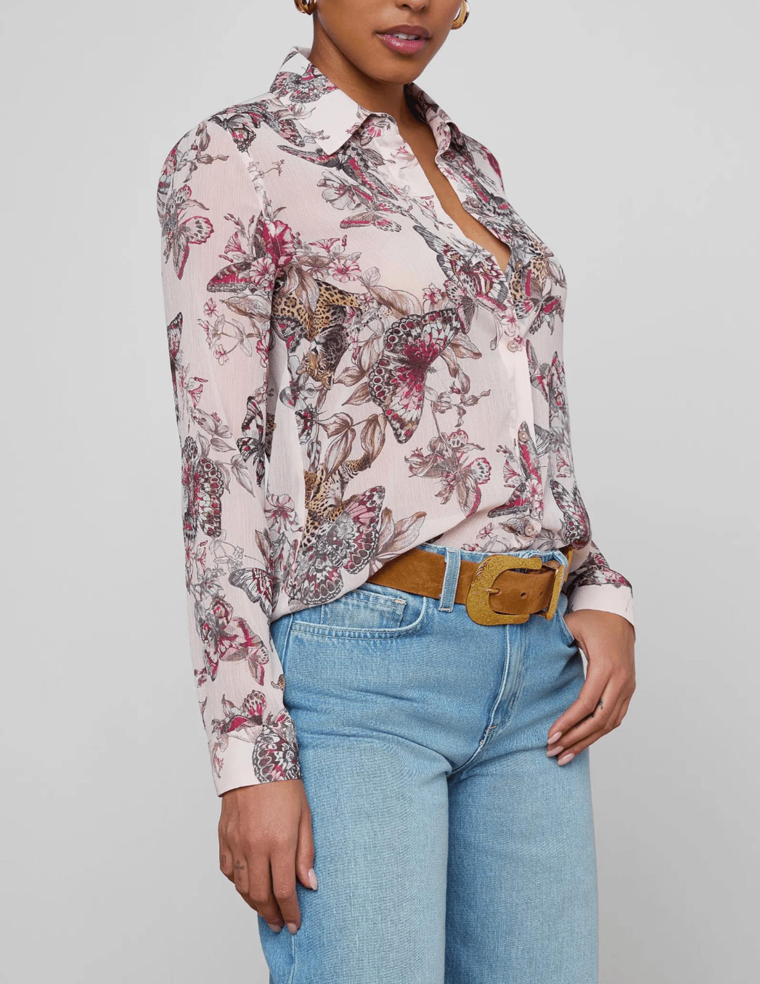 Side view of L’AGENCE Laurent pink printed blouse