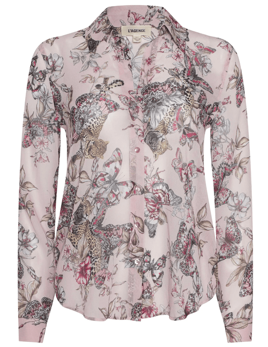 L’AGENCE Laurent long sleeve blouse in light nectar pink butterfly jungle print