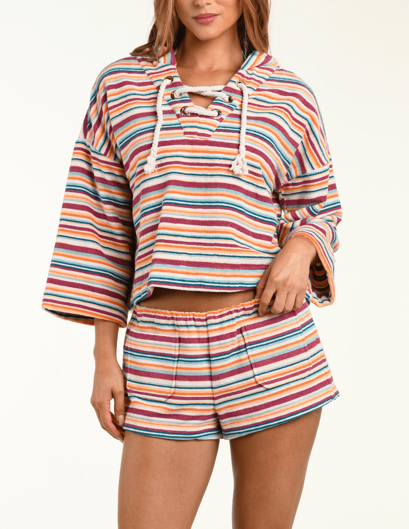 L’AGENCE Lee terry cropped hooded poncho in multicolor watercolor stripe