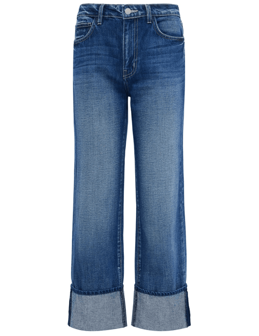 L'AGENCE Leighton cuffed stovepipe jeans in Arco wash, women’s denim with a tapered fit, cuffed hems, and classic mid-blue tone front view