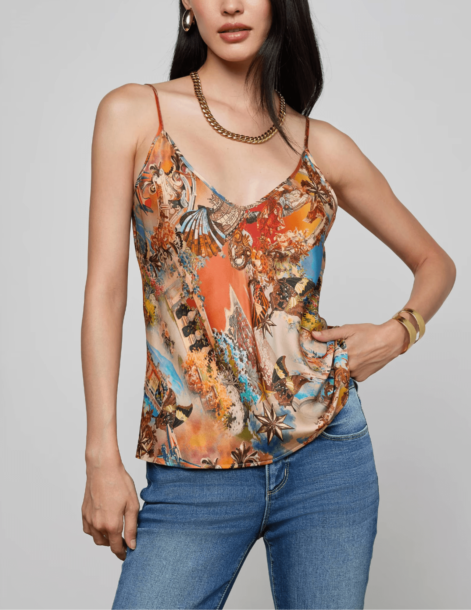 Front view of L’AGENCE Lexi V-neck camisole in multi collage