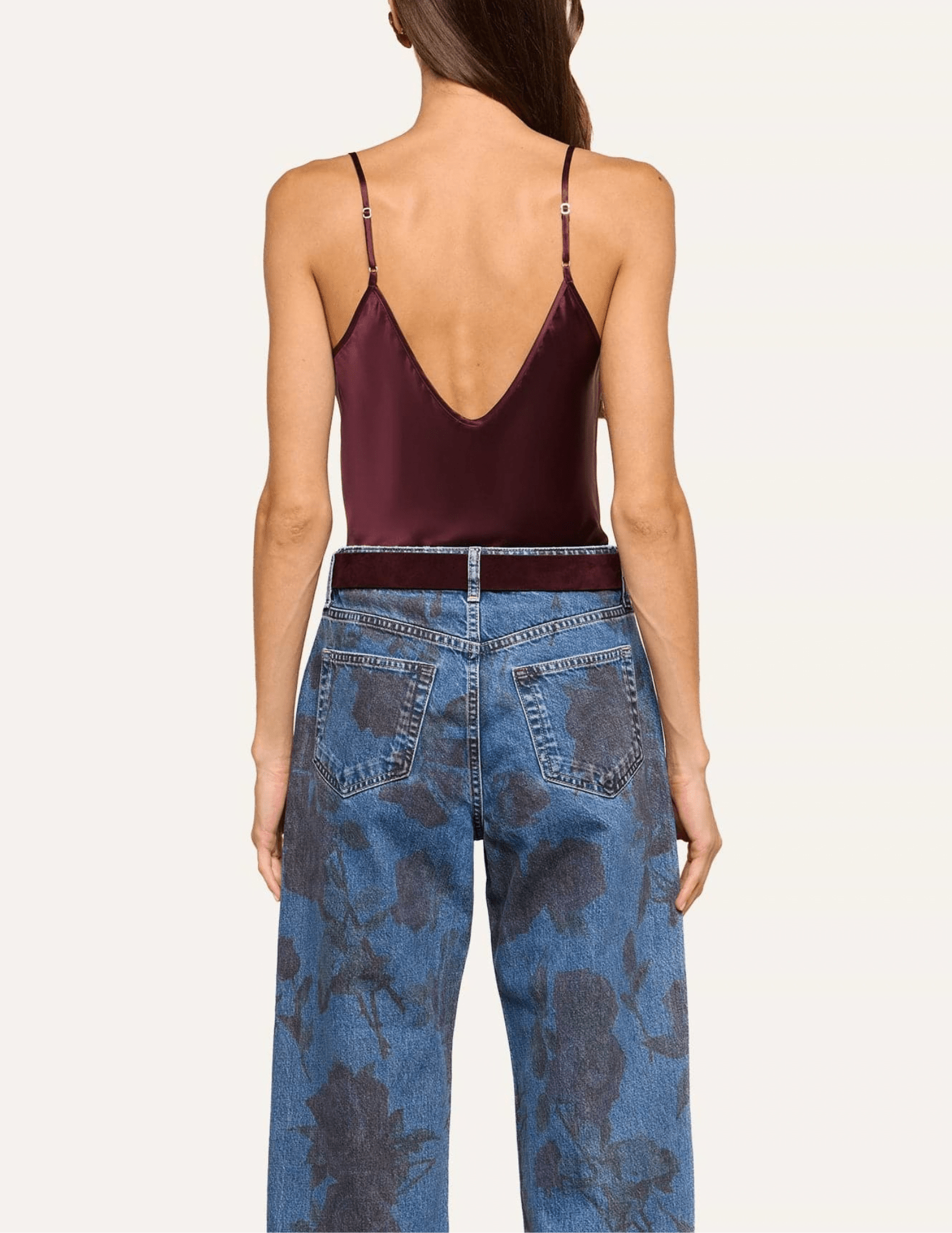 Back view of L'AGENCE Lexi silk camisole in Deep Sangria showing the elegant V-back and delicate adjustable straps.