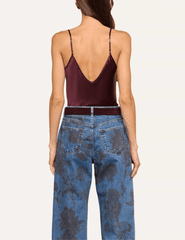Back view of L'AGENCE Lexi silk camisole in Deep Sangria showing the elegant V-back and delicate adjustable straps.