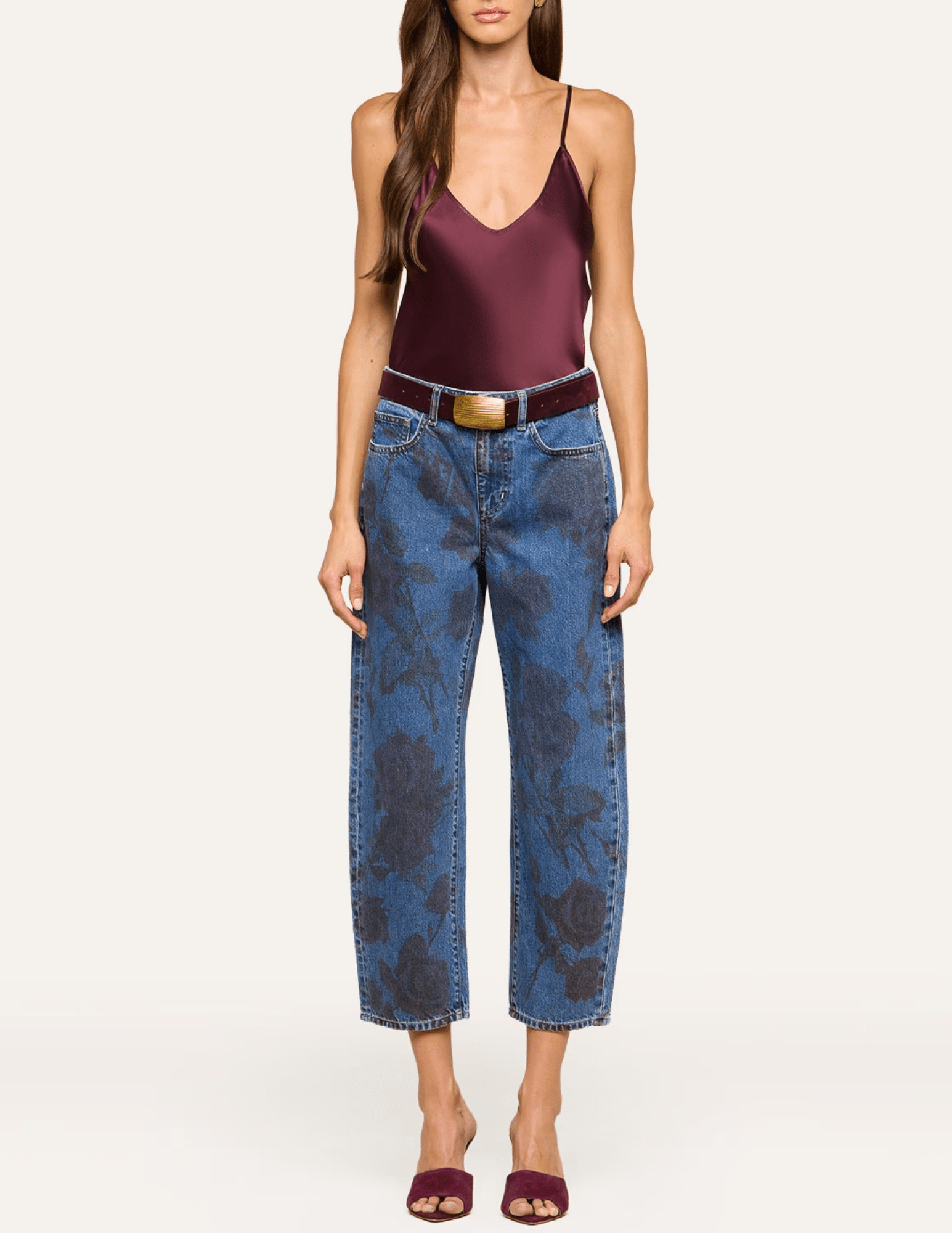 L'AGENCE Lexi Deep Sangria silk camisole styled with blue patterned jeans for a sophisticated casual outfit.