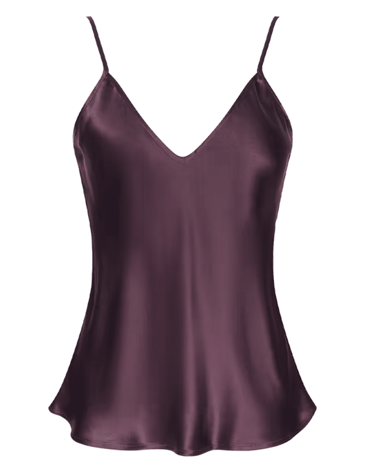L'AGENCE Lexi silk camisole in Deep Sangria featuring a V-neckline, adjustable spaghetti straps, and luxurious silk charmeuse.