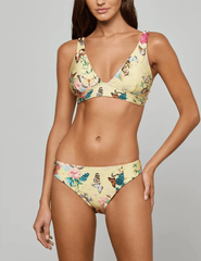 Front view of L’AGENCE Lexie triangle bikini top in yellow butterfly print